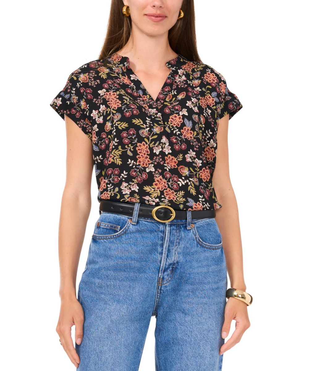 Vince Camuto Women Floral Print Split Neck Short Sleeve Blouse Black Size XL